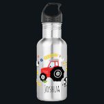 Bouteille D'eau Garçons adorable ferme tracteur et nom<br><div class="desc">Ce design moderne et mignon bouteille d'eau pour enfants comprend un tracteur agricole rouge avec un mouton, un cochon, des poulets, du blé et de la vache, avec de la place pour vous d'ajouter votre nom de garçon dans une typographie décalée. Le cadeau de retour à l'école sur le thème...</div>