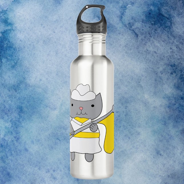Bouteille D'eau Garde couleur chat jaune blanc (A water bottle featuring a cat wearing a flag team uniform in yellow and white.)