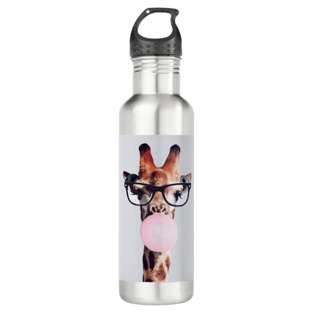 Bouteille D'eau Girafe portant des lunettes soufflant bulle rose g (Devant)
