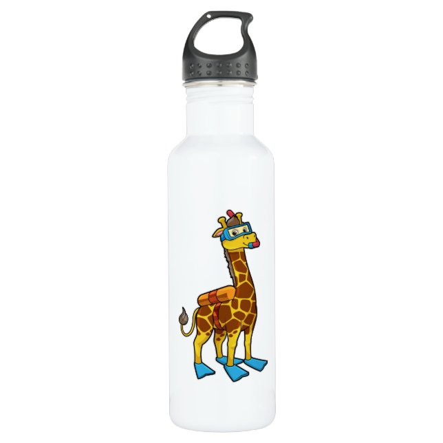 Bouteille D'eau Giraffe as Diver with Swimming goggles & Flippers (Devant)