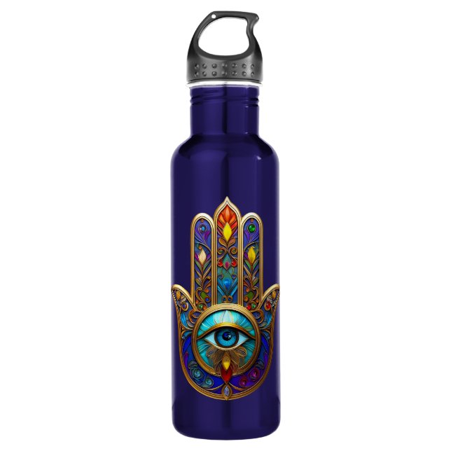 Bouteille D'eau Gold Colorful Hamsa Turquoise Sapphire Third Eye  (Devant)