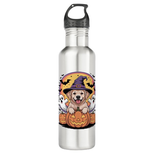Bouteille D'eau Golden Retriever Halloween Witch Chien classique T (Devant)