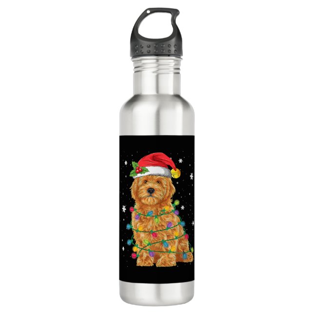 Bouteille D'eau Goldendoodle Noël Santa Hat Fairy Lumières (Devant)