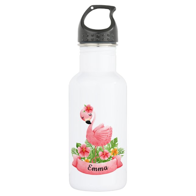 Bouteille D'eau Gourde Flamant Rose Fleurs Personnalisée Enfant (Devant)