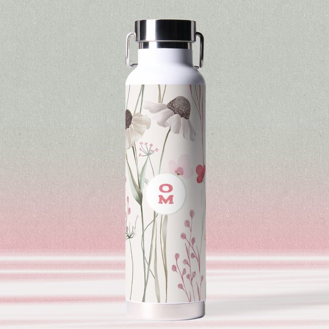 Bouteille D'eau Grand Fleur sauvage moderne Monogramme clair rose  (Modern Large Wildflower Monogram Light Pink Green Water Bottle ©Susanne Sachers - Sunny Mind Design )