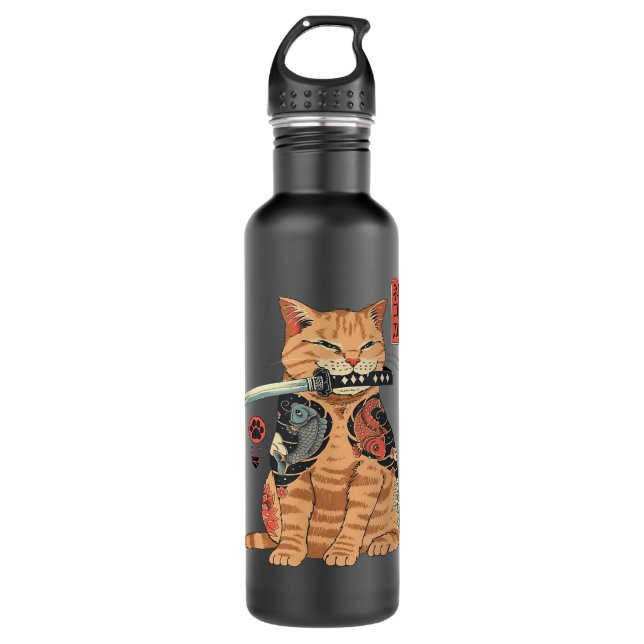 Bouteille D'eau Graphique de tatouage japonais Samurai Ninja Cat K (Devant)