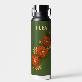 Bouteille D'eau Green Water Bottle with red flowers