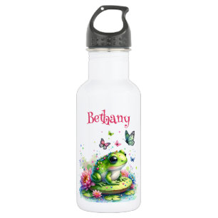 Bouteille D'eau Grenouille, fleurs et papillons personnalisés