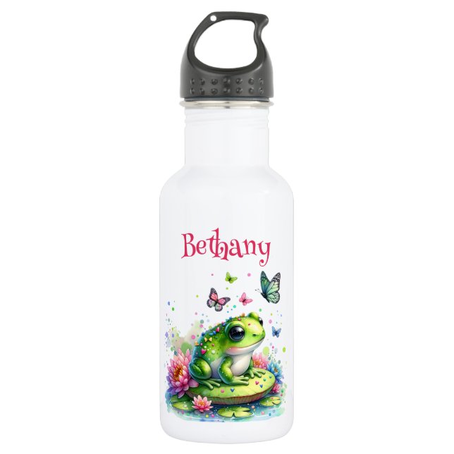 Bouteille D'eau Grenouille, fleurs et papillons personnalisés (Devant)