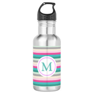 Bouteille D'eau Gris rose tendance et Monogramme rayé Turquoise