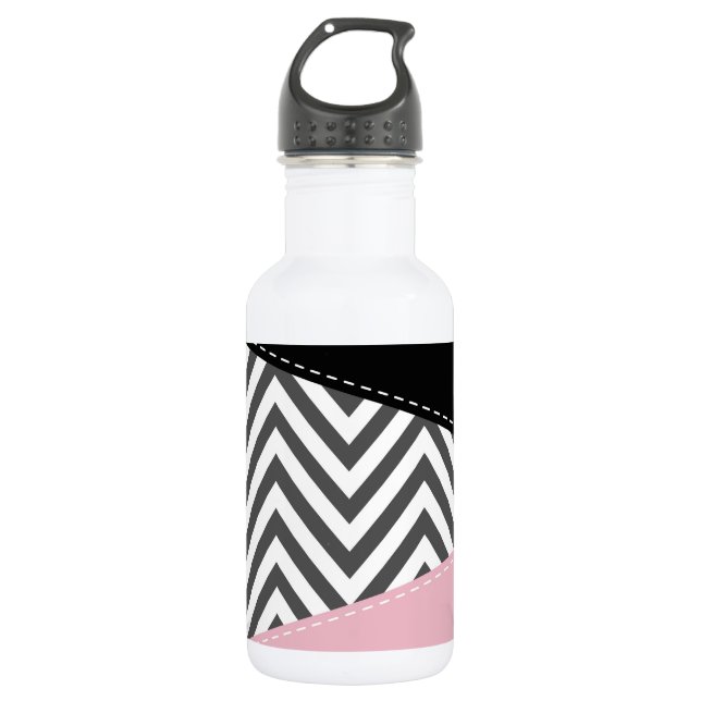 Bouteille D'eau Gris Zigzag, Gris Chevron, Motif Zigzag, Rose (Devant)