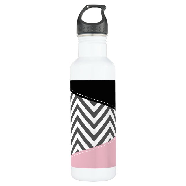 Bouteille D'eau Gris Zigzag, Gris Chevron, Motif Zigzag, Rose (Devant)