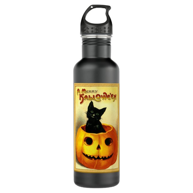 Bouteille D'eau Halloween Kitty assis à Jack-o'-lantern (Devant)