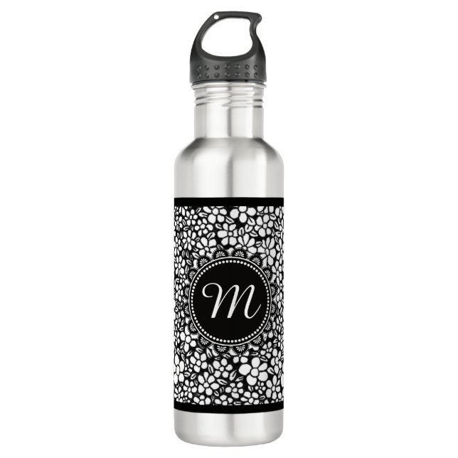 Bouteille D'eau Hand Drawn Black and White Flower Pattern Monogram (Devant)