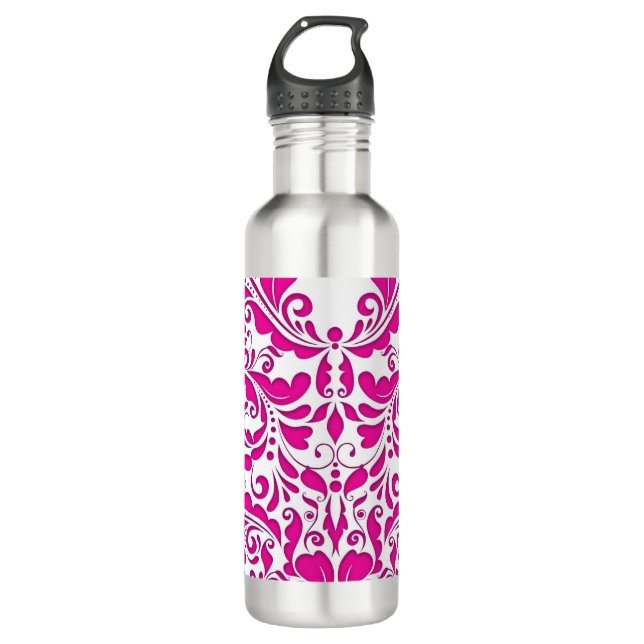 Bouteille D'eau HeartyParty Pink Magenta Et White Damask Coeur (Devant)