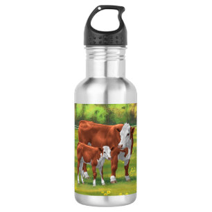 Bouteille D'eau Hereford Cow & Cute Calf dans les pâturages d'été