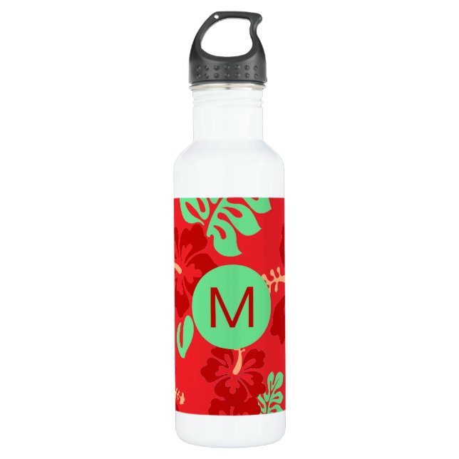 Bouteille D'eau Hibiscus Fleurs Motif Troique Rouge Monogramme (Devant)