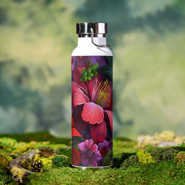 Bouteille D'eau Hibiscus profondément rouge avec motif floral vert (Extérieur)