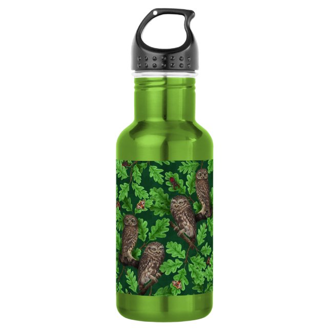 Bouteille D'eau Hiboux dans la forêt sur fond vert foncé (Devant)