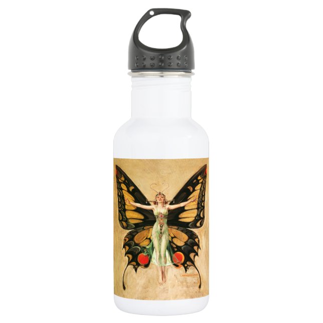 Bouteille D'eau Illustration de femme volant papillon flapper (Devant)
