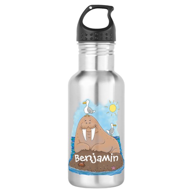 Bouteille D'eau Illustration drôle de morse joyeux (Devant)