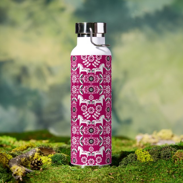 Bouteille D'eau Impression de cheval suédois Dala rose (Extérieur (pivotée))