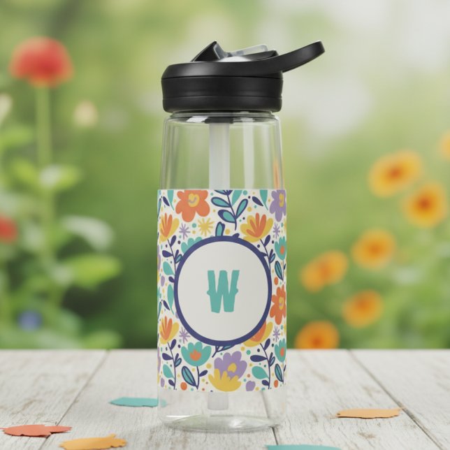 Bouteille D'eau Initiale Fleurie Rétro – Cadeau de Monogramme pour (Funhaus floral initial water bottle)