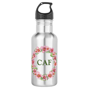 Bouteille D'eau Initiales Monogramme Rose Floral Vert Tendance Fém