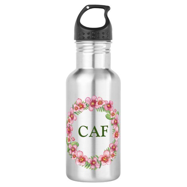 Bouteille D'eau Initiales Monogramme Rose Floral Vert Tendance Fém (Devant)
