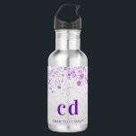 Bouteille D'eau Initiales monogrammes de parties scintillant viole<br><div class="desc">Un arrière - plan faux argenté avec de la poussière de parties scintillant violette. Texte de couleur violette. Personnalisez et ajoutez vos initiales monographiques et votre nom.</div>