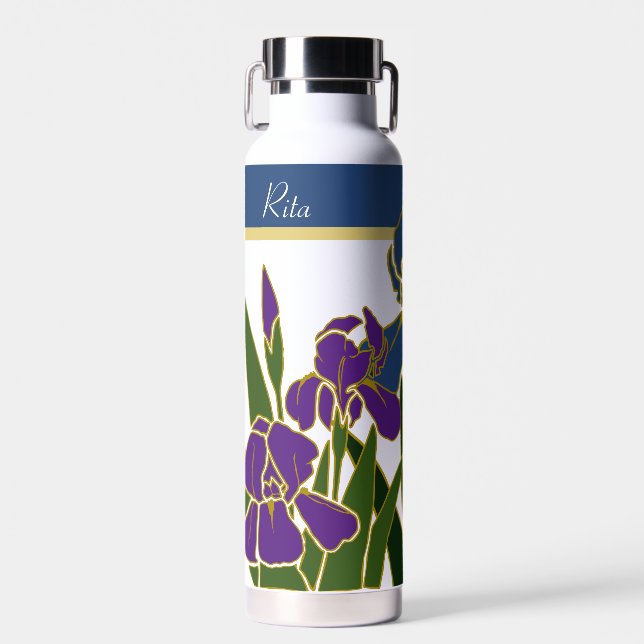 Bouteille D'eau Iris bleu et violet avec nom (Avant)
