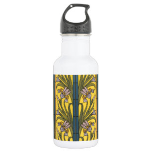Bouteille D'eau Iris Fleur Art Nouveau Vitrail Bleu Or