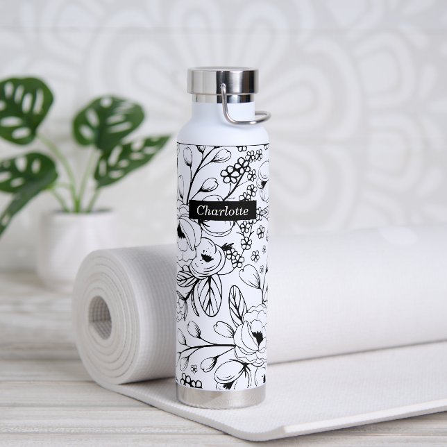 Bouteille D'eau Isolat monographique à vide floral noir et blanc (Yoga)
