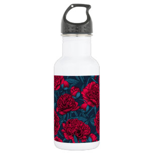 Bouteille D'eau Jardin de pivoine rouge sur bleu foncé