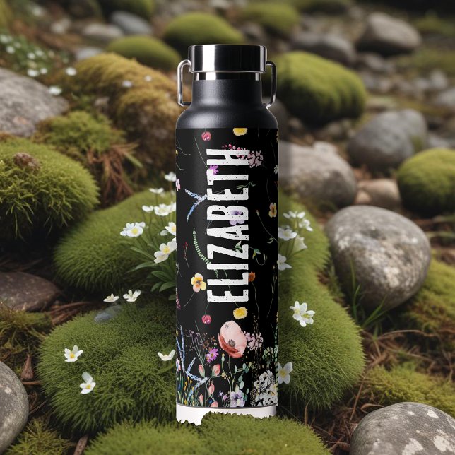 Bouteille D'eau Jardin fleur sauvage (Wildflower garden design on dark background on a copper vacuum insulated water bottle)