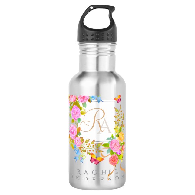 Bouteille D'eau Jardin fleuri romantique à monogramme  (Devant)