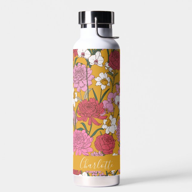 Bouteille D'eau Jardin Floral Boho Nom Personnalisé Jaune (Gauche)