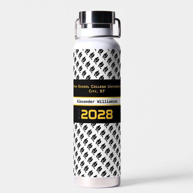 Bouteille D'eau Jaune Noir Blanc Diplômé Moderne (Arrière)