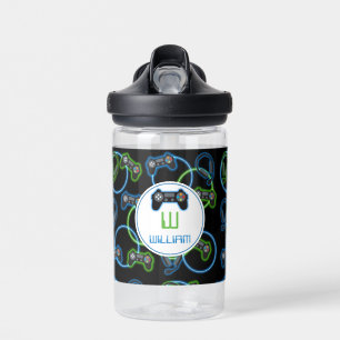 Bouteille D'eau Jeu vidéo Neon Blue & Green Motif Monogramme