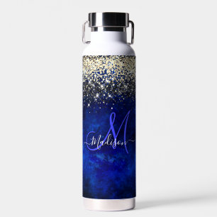 Bouteille D'eau Joli bleu bleu or faux parties scintillant monogra
