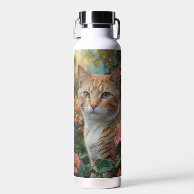 Bouteille D'eau Joli chat blanc orange dans un jardin fleuri (Avant)