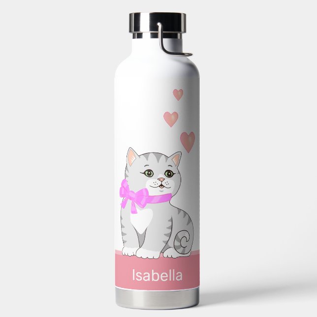 Bouteille D'eau Joli chat tabby & coeurs sur fond rose et blanc (Droite)