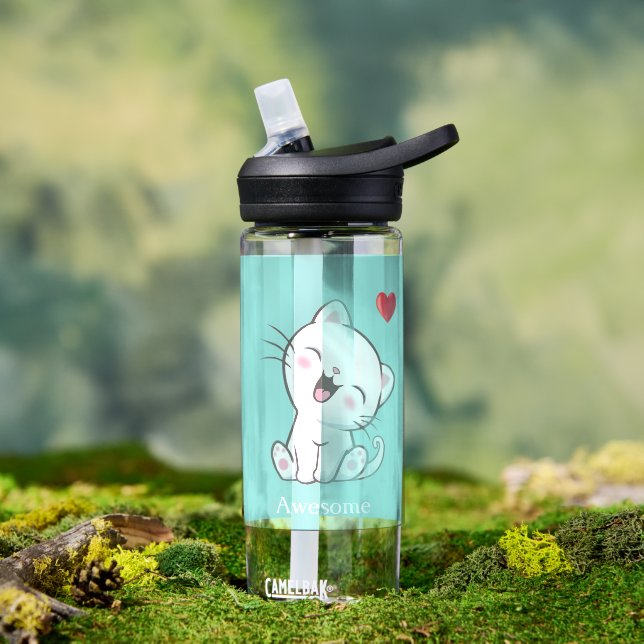Bouteille D'eau Joli chaton & cœur sur fond bleu clair (Extérieur)