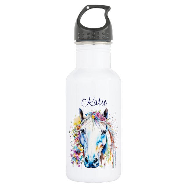Bouteille D'eau Joli Cheval Blanc Floral Personnalisé (Devant)