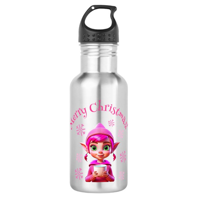 Bouteille D'eau Joli Elfe Rose avec Café ou Cocoël de Noël (Devant)