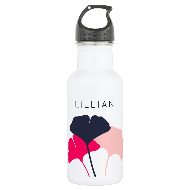 Bouteille D'eau Joli Feuille personnalisé Navy Blue & Pink Ginkgo (Devant)