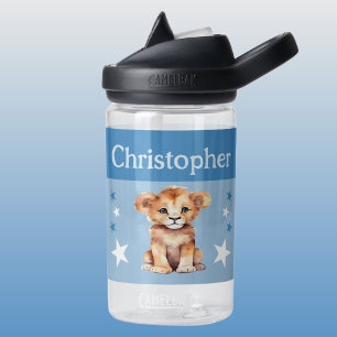 Bouteille D'eau Joli lion ajouter nom avec étoiles enfants bleu