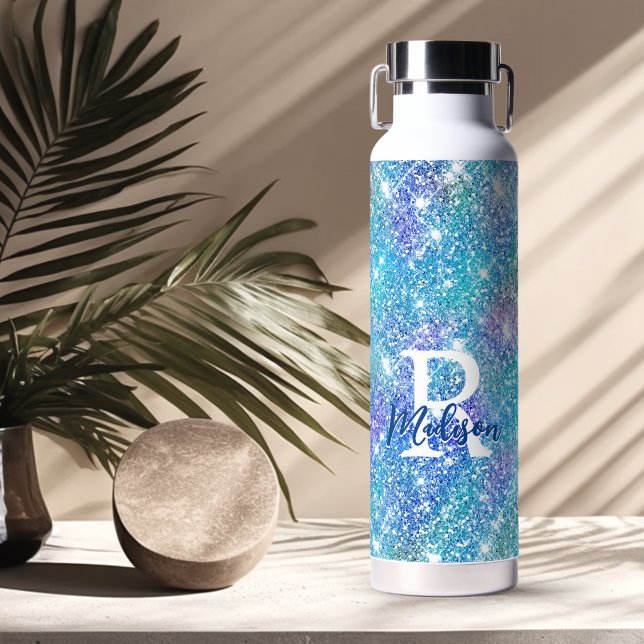 Bouteille D'eau Joli monogramme licorne iridescent bleu rose paill (Créateur téléchargé)