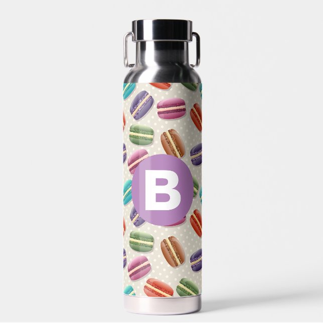 Bouteille D'eau Joli motif de macaron pointillé monogramme violet (Avant)