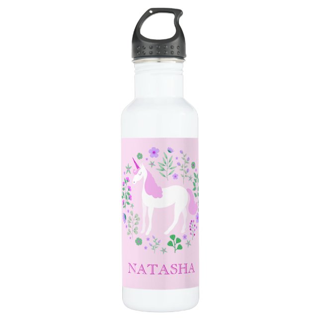 Bouteille D'eau Joli Unicorn Floral rose Personnalisé (Devant)